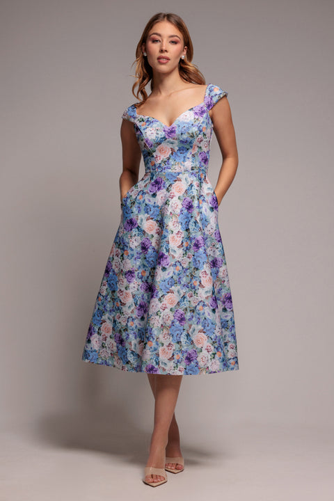 Floral Print A-Line Sweetheart Midi Dress - Sage Green by Goddiva
