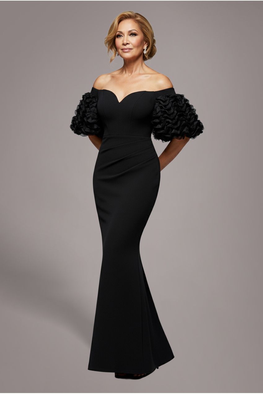 Off The Shoulder 3D Puffed Sleeve Sweetheart Maxi Dress - Black DR4637M