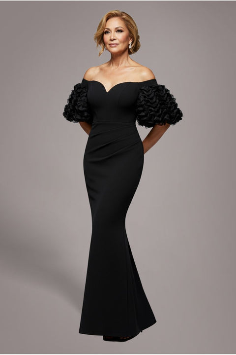 Off The Shoulder 3D Puffed Sleeve Sweetheart Maxi Dress - Black by Goddiva
