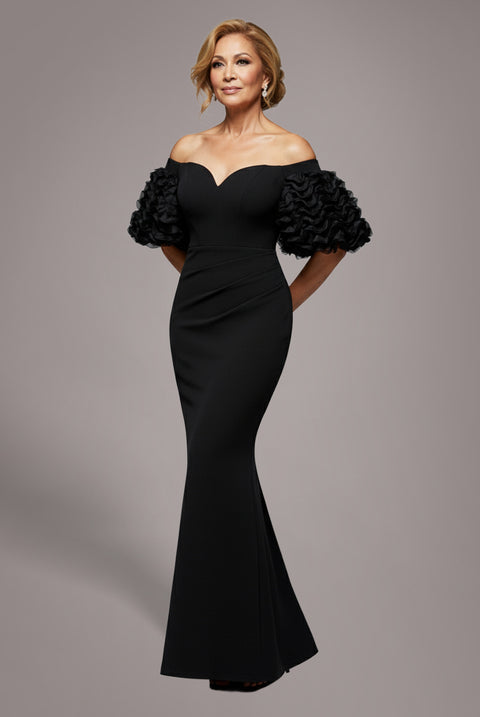 Off The Shoulder 3D Puffed Sleeve Sweetheart Maxi Dress - Black by Goddiva