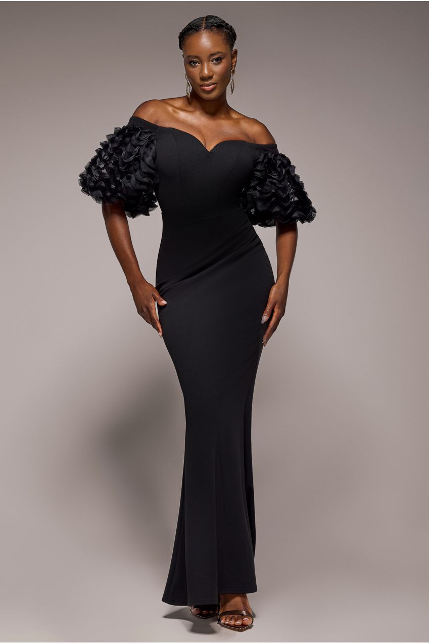 Off The Shoulder 3D Puffed Sleeve Sweetheart Maxi Dress - Black DR4637