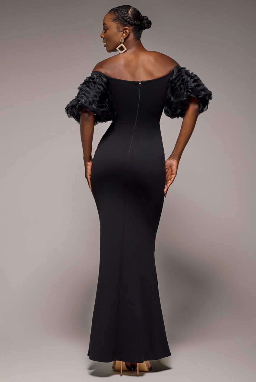 Off The Shoulder 3D Puffed Sleeve Sweetheart Maxi Dress - Black DR4637