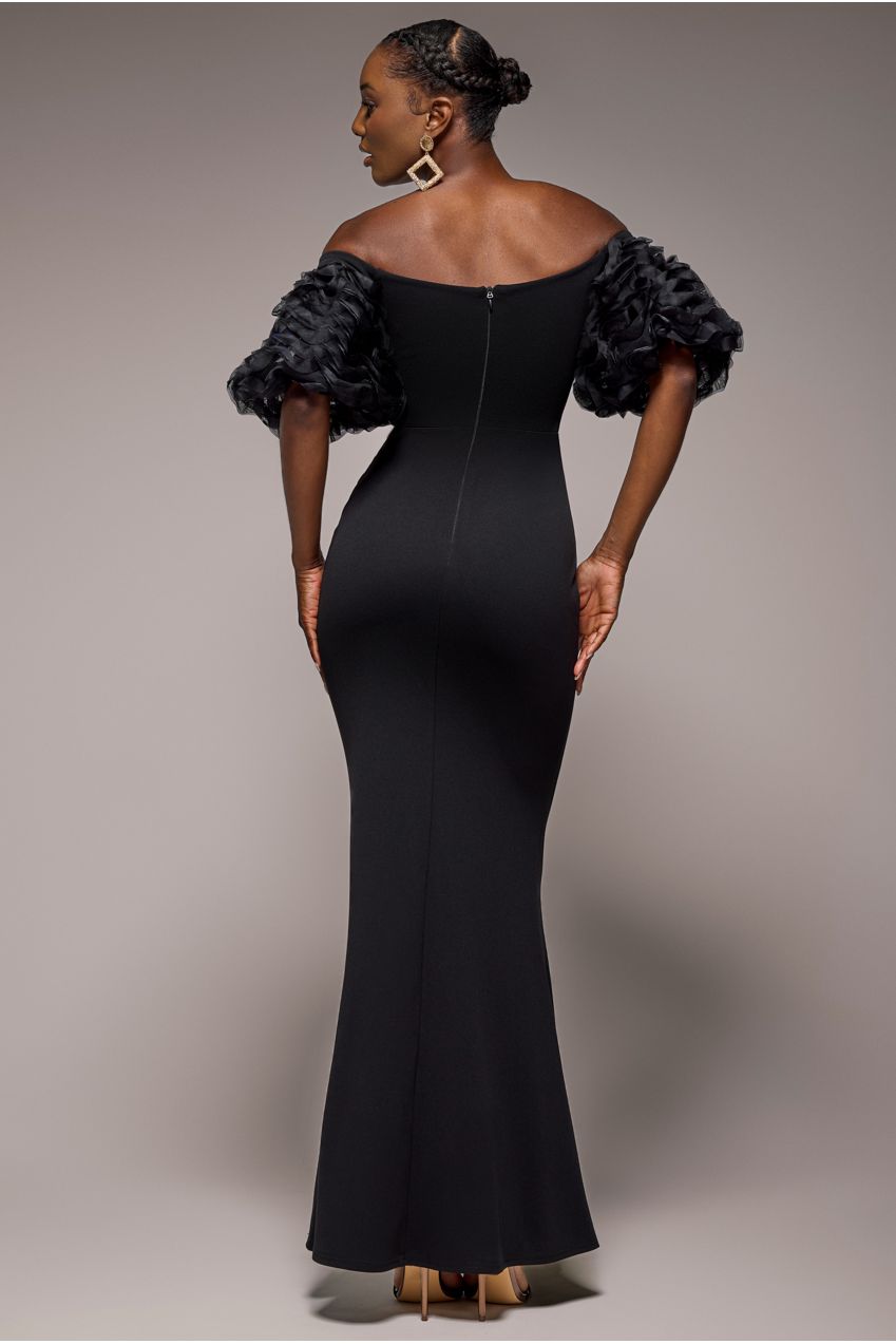 Off The Shoulder 3D Puffed Sleeve Sweetheart Maxi Dress - Black DR4637