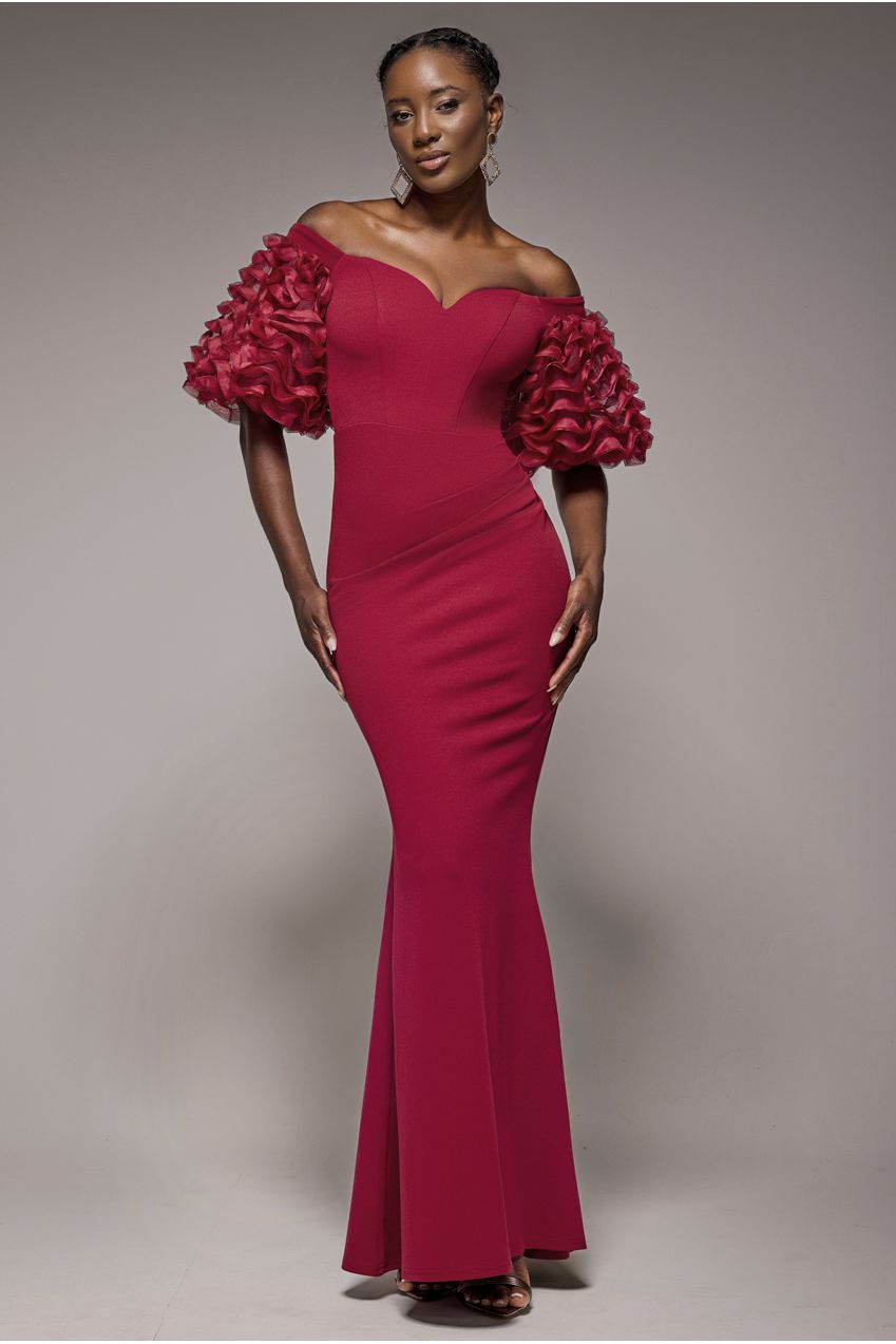 Off The Shoulder 3D Puffed Sleeve Sweetheart Maxi Dress - Burgundy DR4637