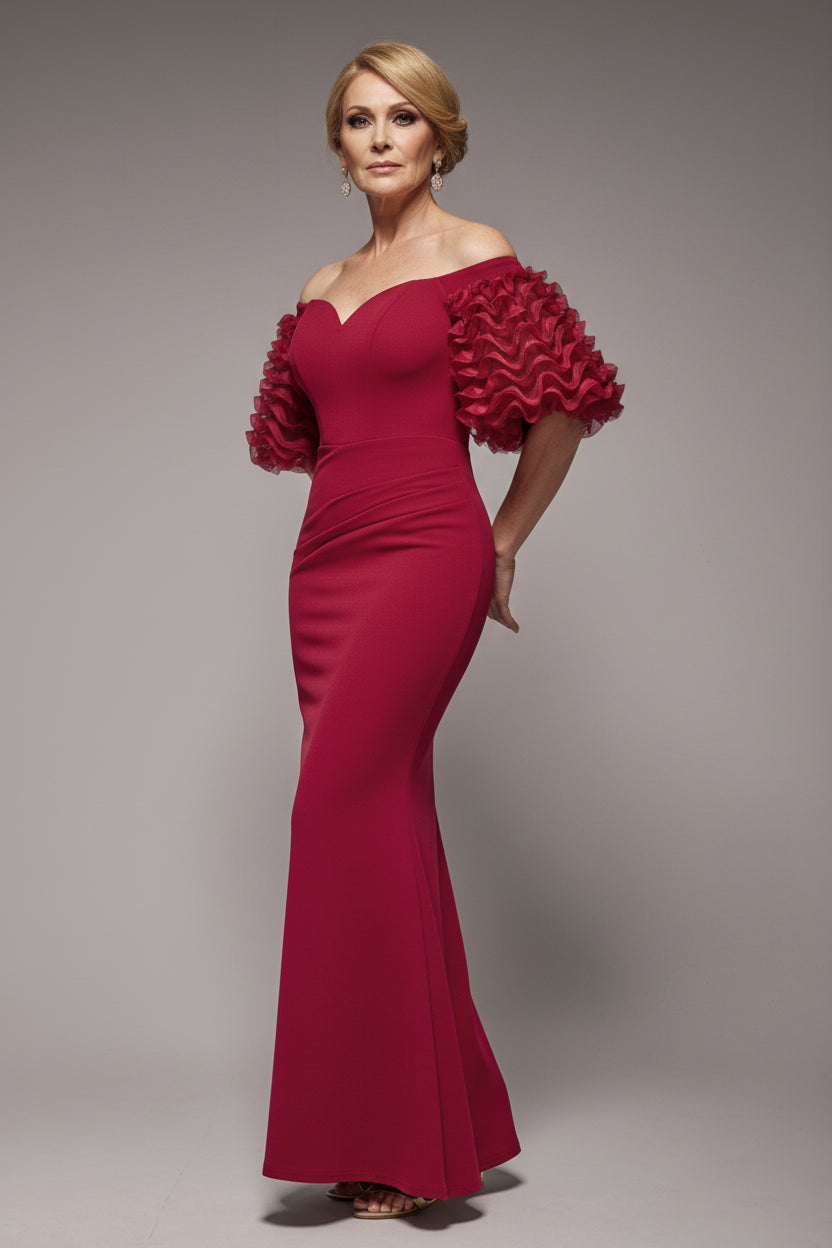 Off The Shoulder 3D Puffed Sleeve Sweetheart Maxi Dress - Burgundy DR4637M