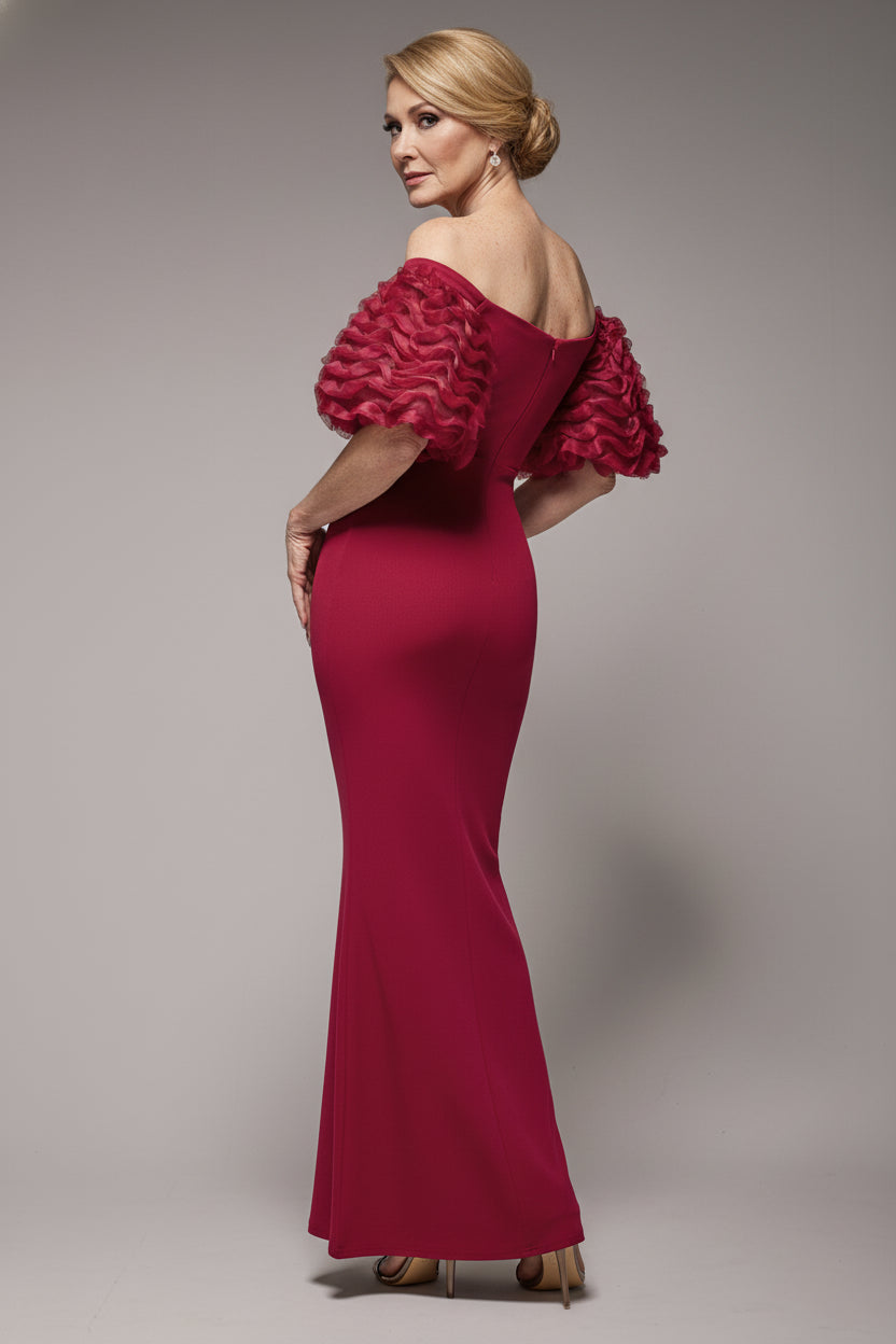 Off The Shoulder 3D Puffed Sleeve Sweetheart Maxi Dress - Burgundy DR4637M