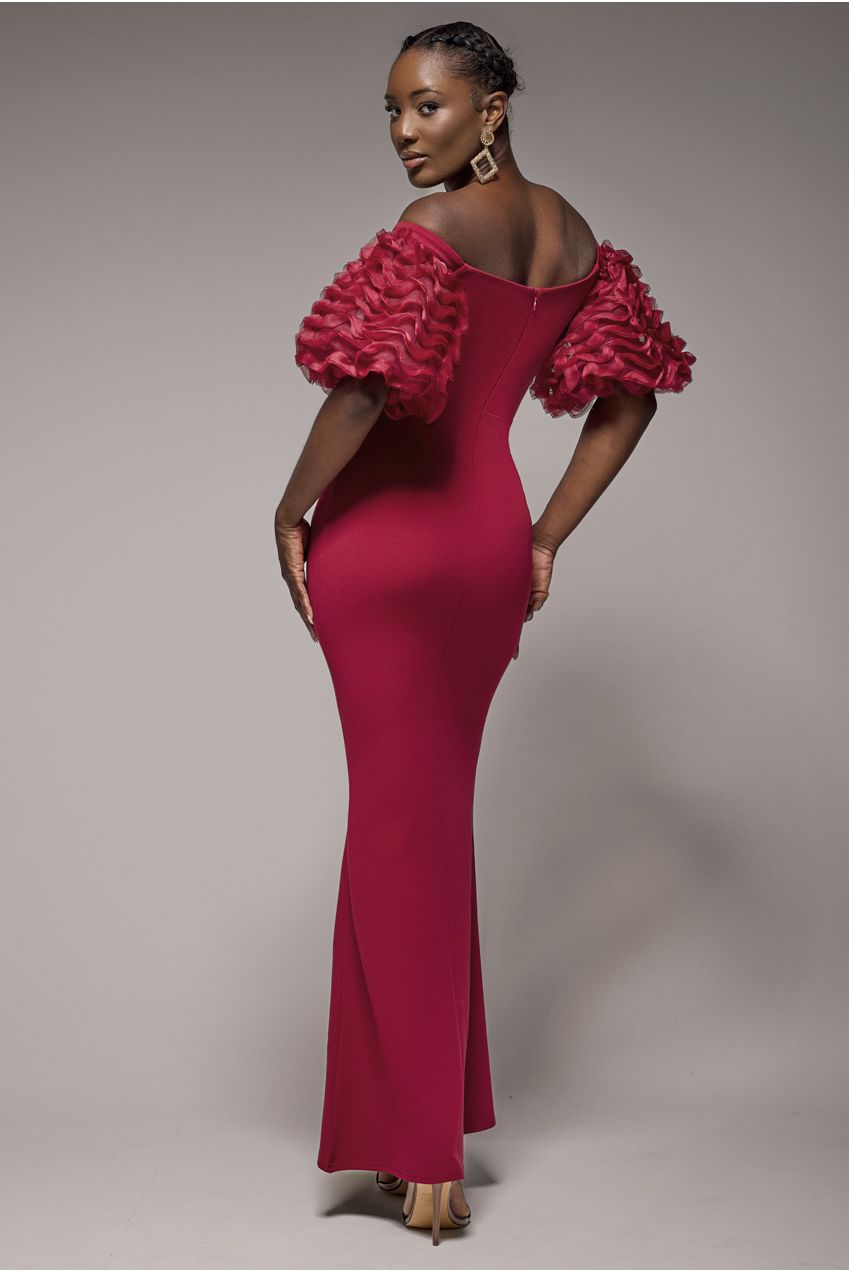 Off The Shoulder 3D Puffed Sleeve Sweetheart Maxi Dress - Burgundy DR4637