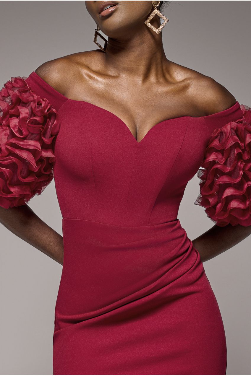 Off The Shoulder 3D Puffed Sleeve Sweetheart Maxi Dress - Burgundy DR4637