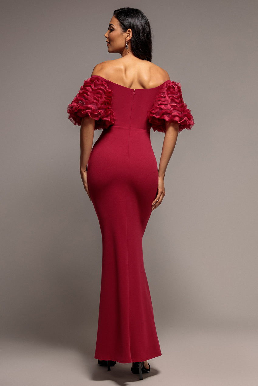 Off The Shoulder 3D Puffed Sleeve Sweetheart Maxi Dress - Burgundy DR4637