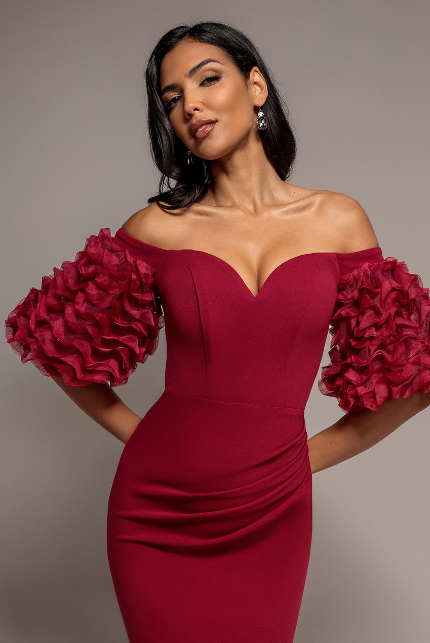 Off The Shoulder 3D Puffed Sleeve Sweetheart Maxi Dress - Burgundy DR4637