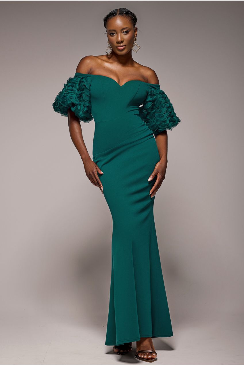 Off The Shoulder 3D Puffed Sleeve Sweetheart Maxi Dress - Emerald Green DR4637