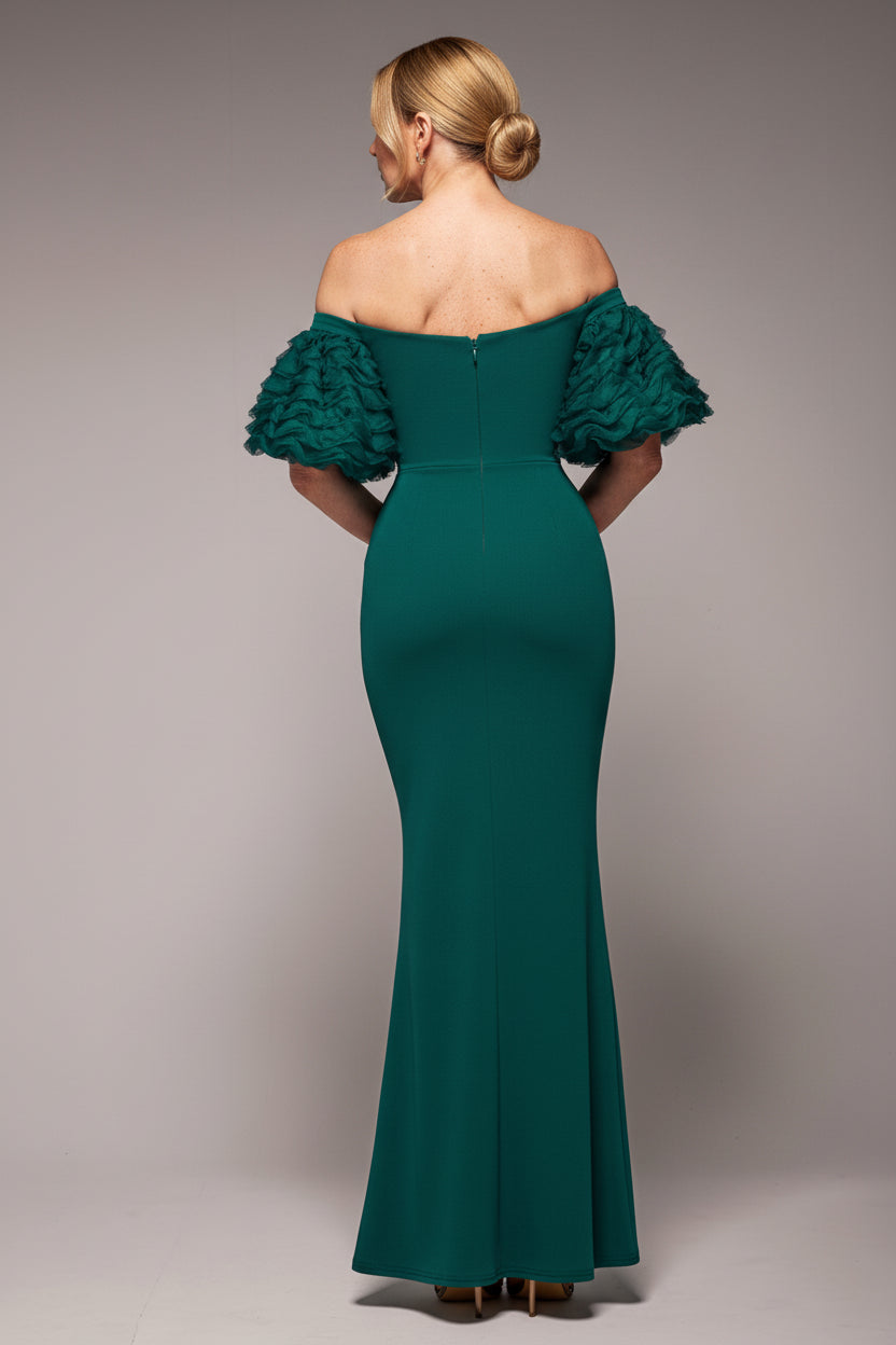 Off The Shoulder 3D Puffed Sleeve Sweetheart Maxi Dress - Emerald Green DR4637M