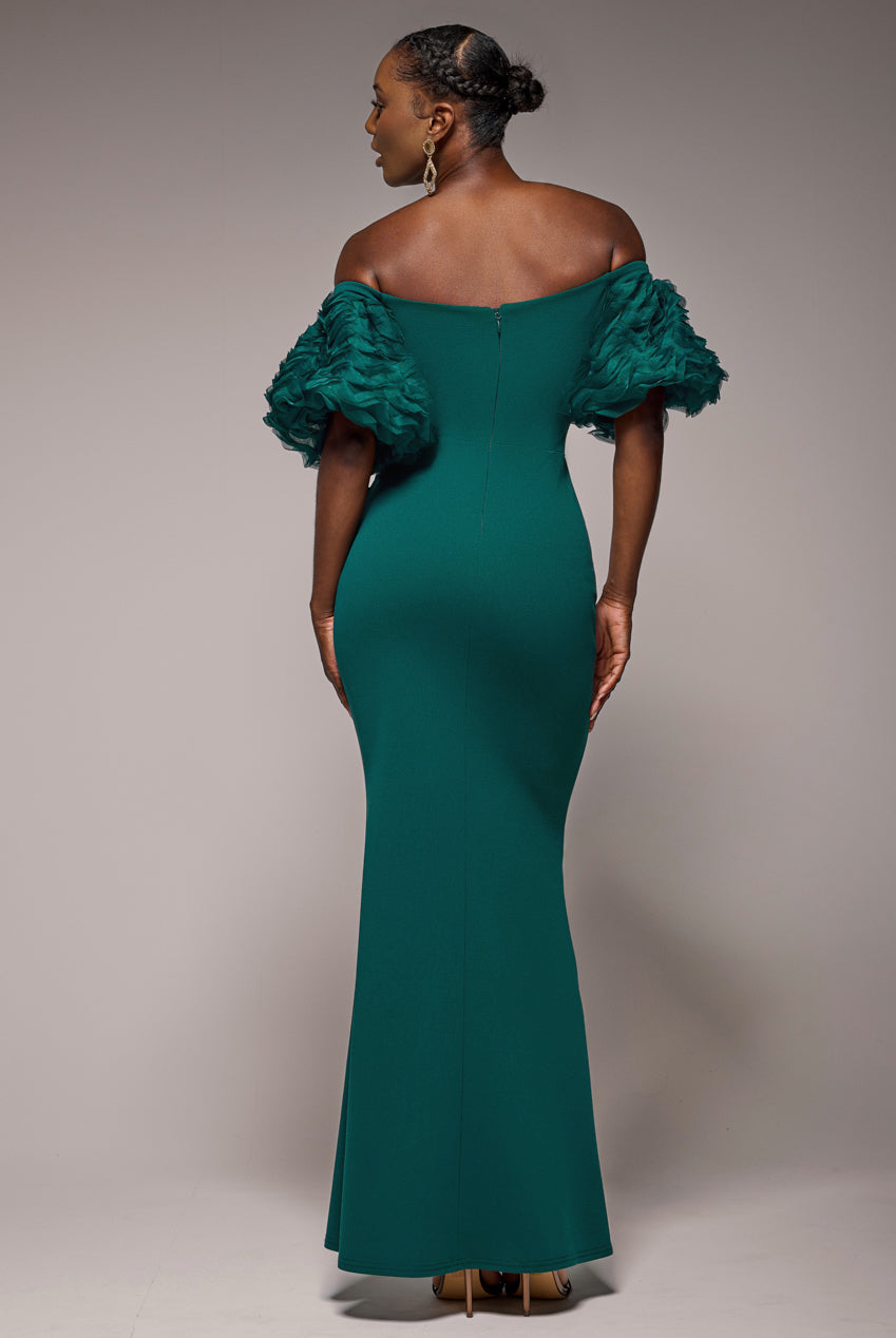 Off The Shoulder 3D Puffed Sleeve Sweetheart Maxi Dress - Emerald Green DR4637