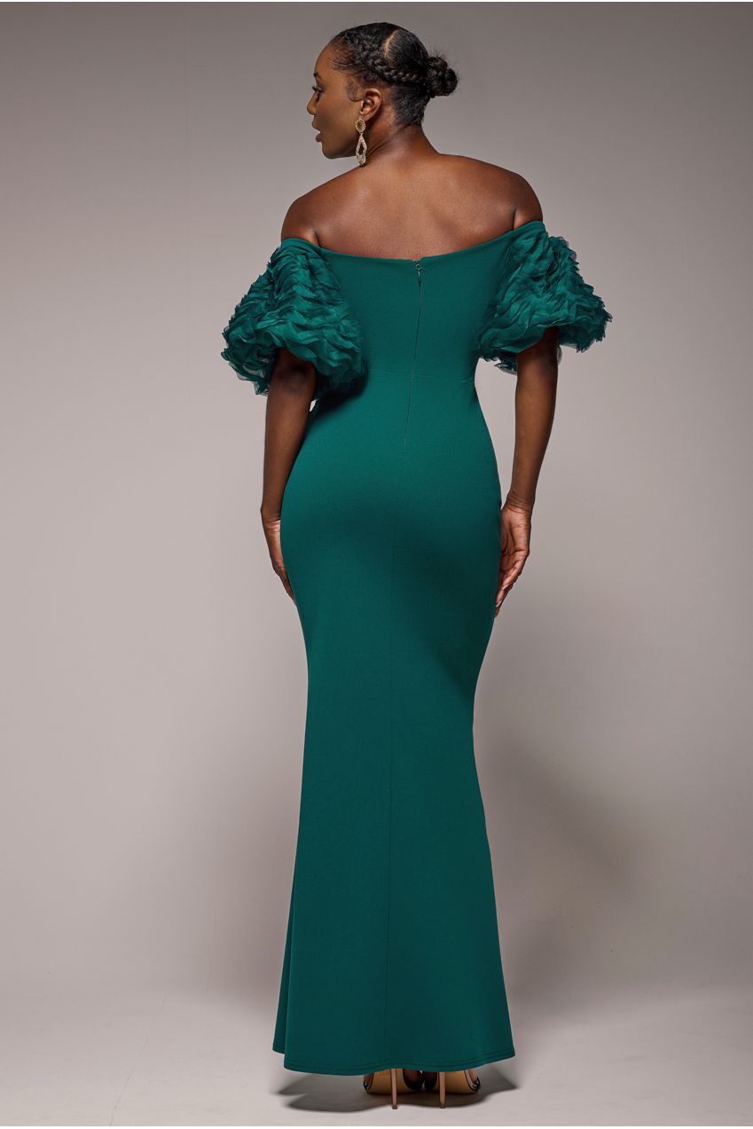 Off The Shoulder 3D Puffed Sleeve Sweetheart Maxi Dress - Emerald Green DR4637