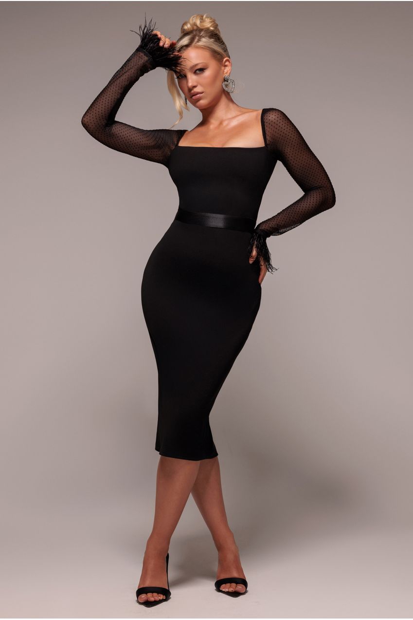 Dobby Mesh Feather Sleeve Bodycon Midi Dress - Black | Goddiva Dobby Mesh Feather Sleeve Bodycon Midi Dress - Black | Goddiva
