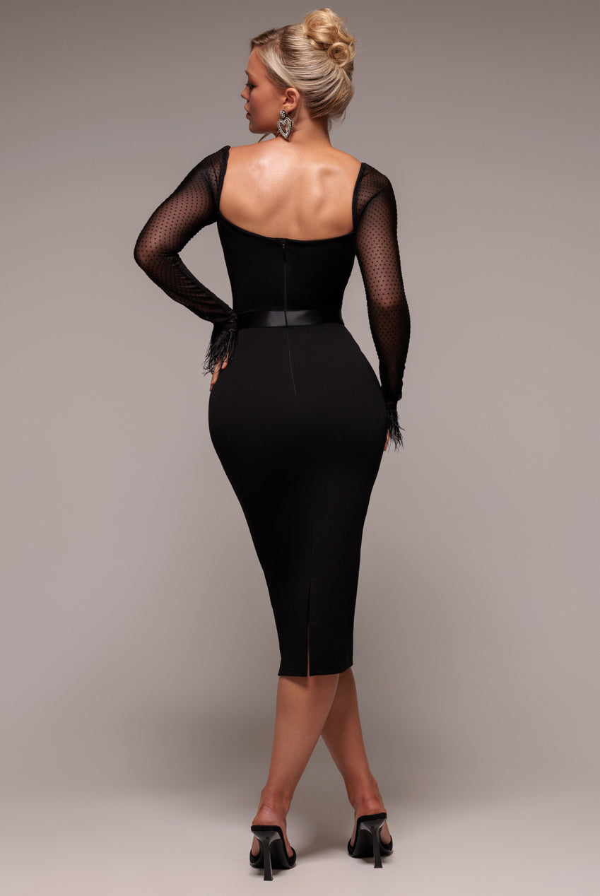 Dobby Mesh Feather Sleeve Bodycon Midi Dress - Black DR4639