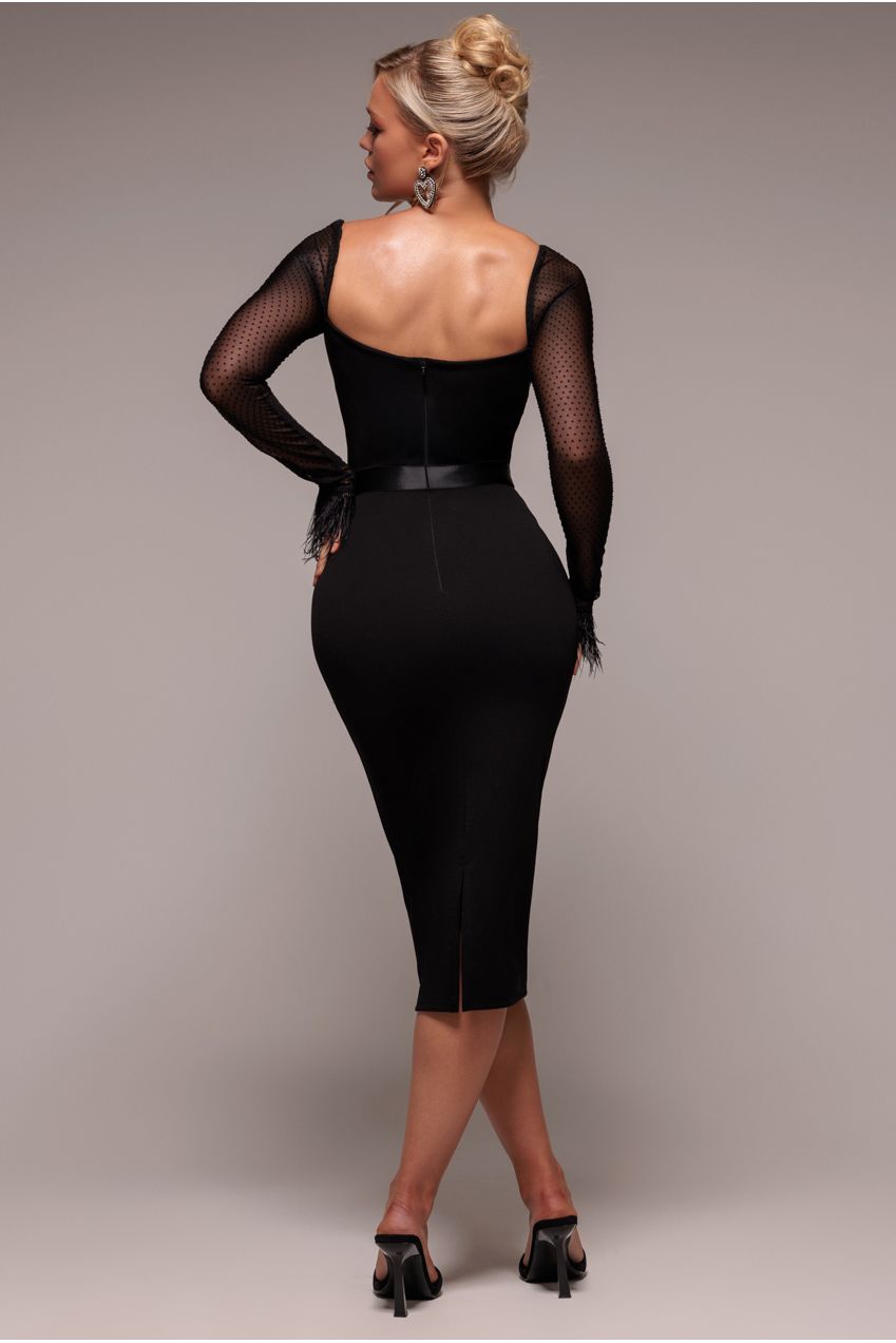 Dobby Mesh Feather Sleeve Bodycon Midi Dress - Black DR4639