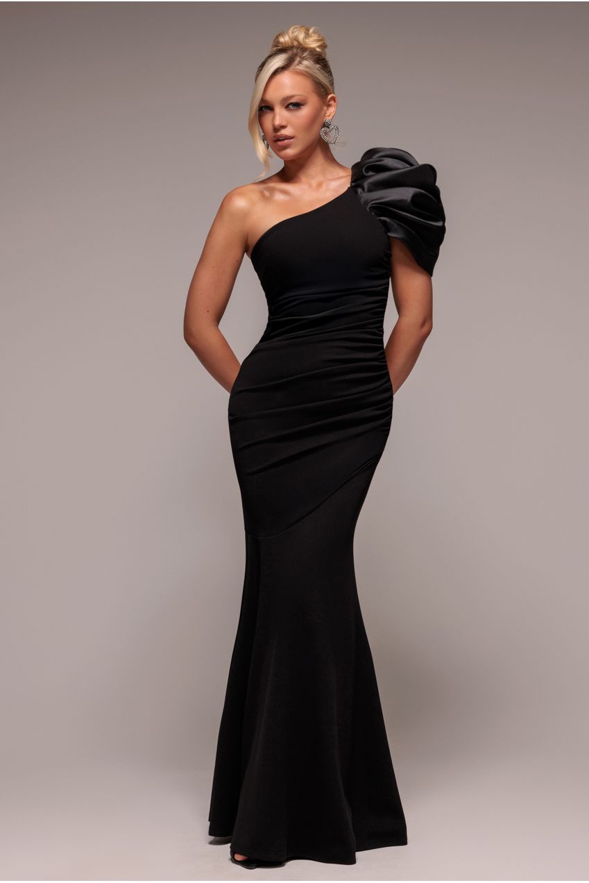One Shoulder Puffed Satin Sleeve Evening Maxi Dress - Black DR4640
