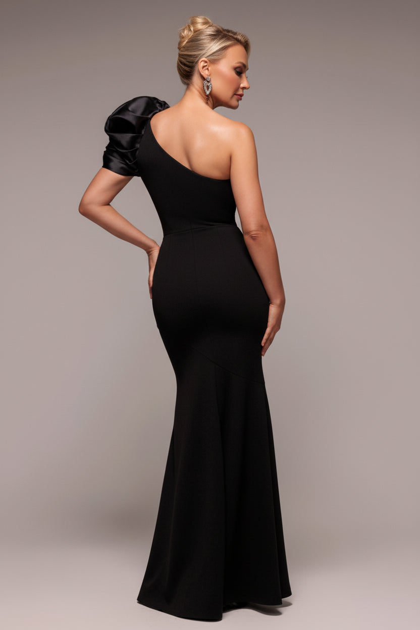 One Shoulder Puffed Satin Sleeve Evening Maxi Dress - Black DR4640M