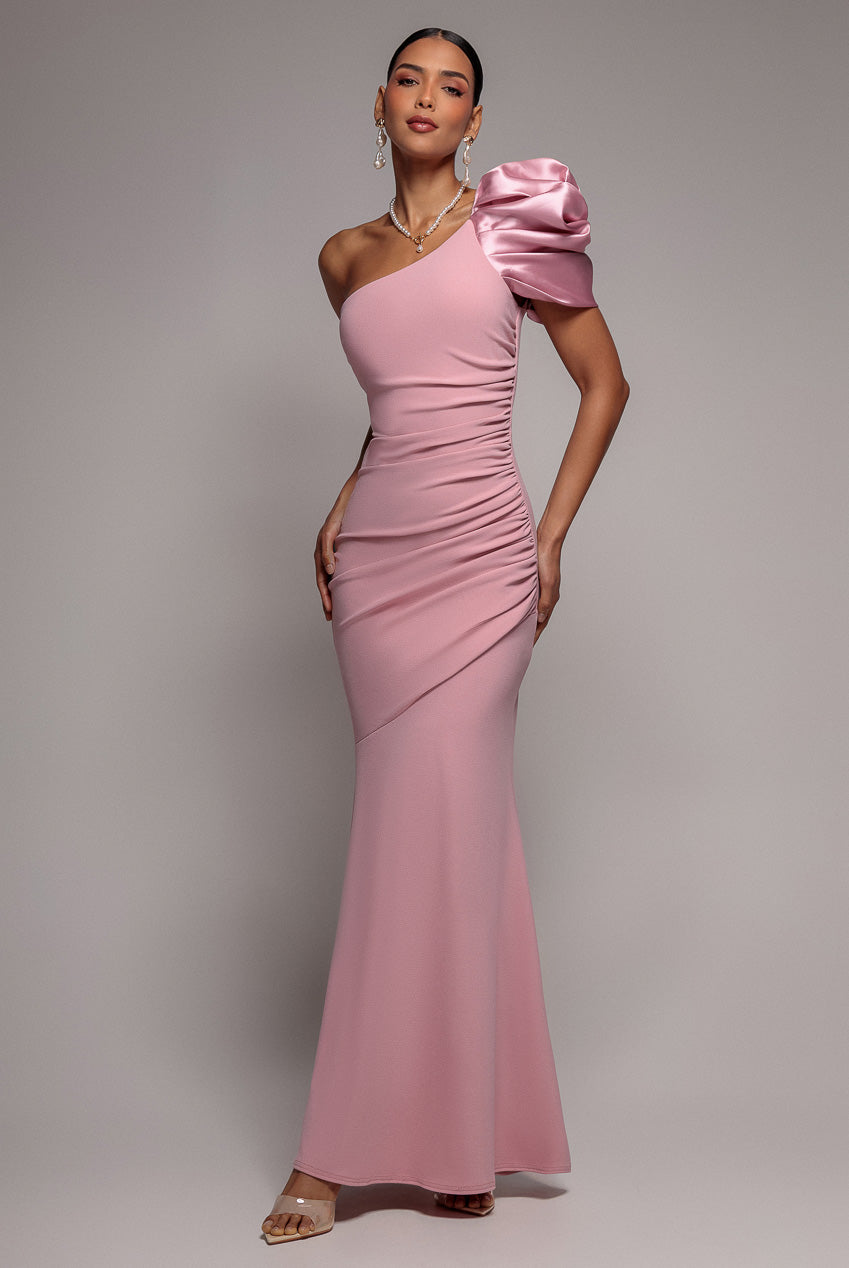 One Shoulder Puffed Satin Sleeve Evening Maxi Dress - Blush Pink DR4640