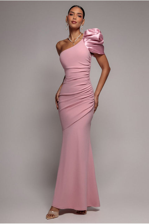 One Shoulder Puffed Satin Sleeve Evening Maxi Dress - Blush Pink by Goddiva