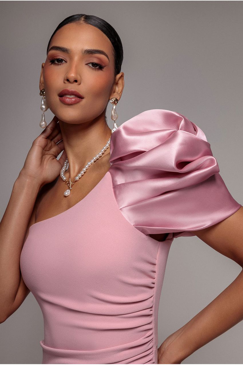One Shoulder Puffed Satin Sleeve Evening Maxi Dress - Blush Pink DR4640
