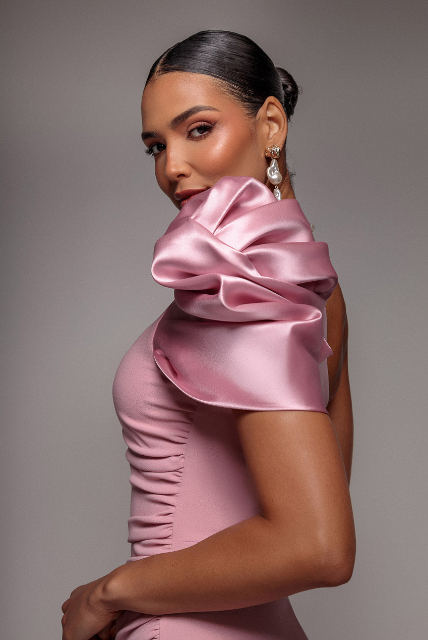 One Shoulder Puffed Satin Sleeve Evening Maxi Dress - Blush Pink DR4640