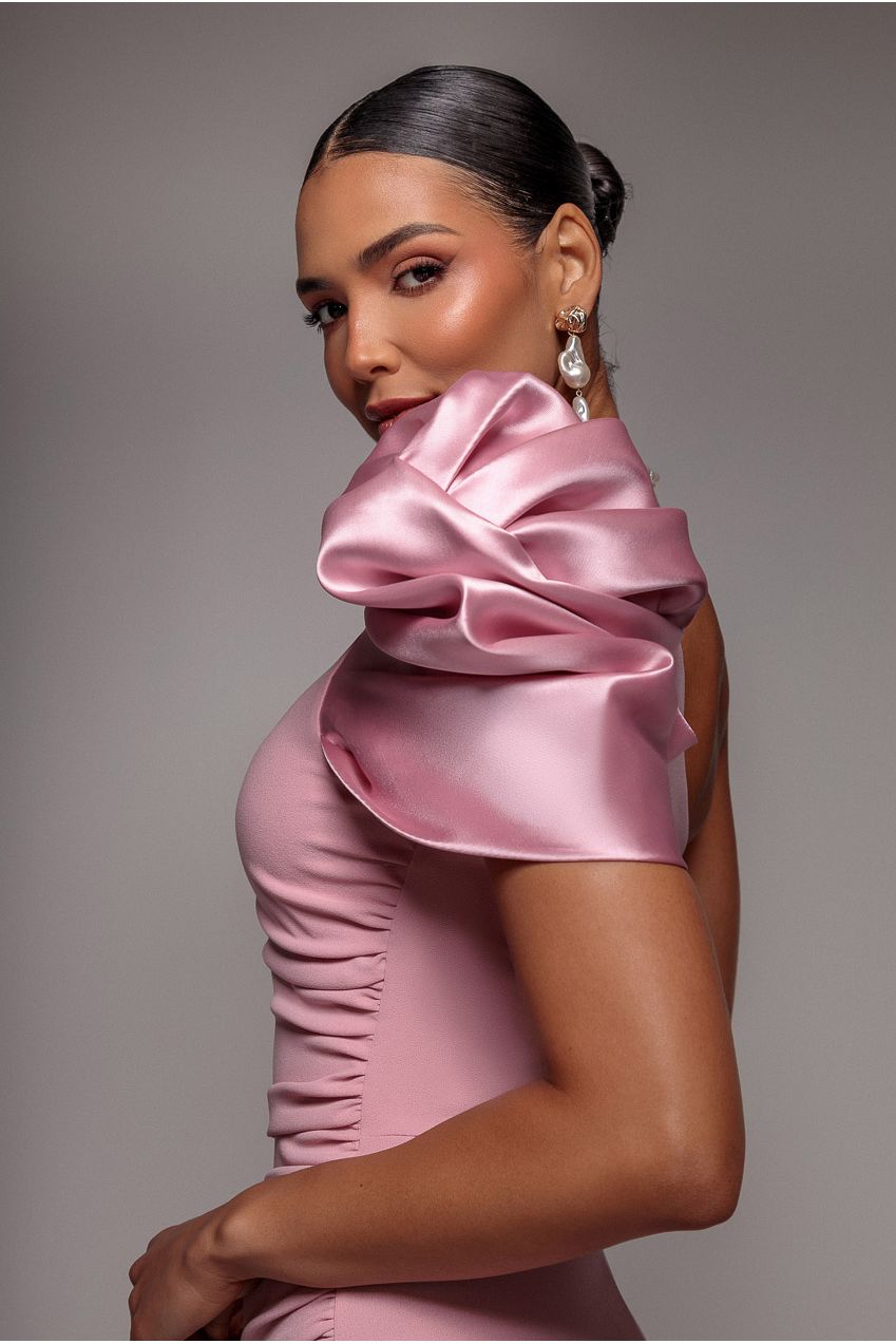 One Shoulder Puffed Satin Sleeve Evening Maxi Dress - Blush Pink DR4640