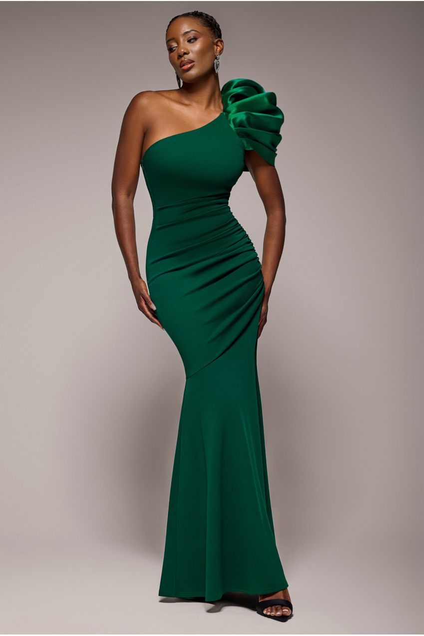 One Shoulder Puffed Satin Sleeve Evening Maxi Dress - Emerald Green | Goddiva One Shoulder Puffed Satin Sleeve Evening Maxi Dress - Emerald Green | Goddiva
