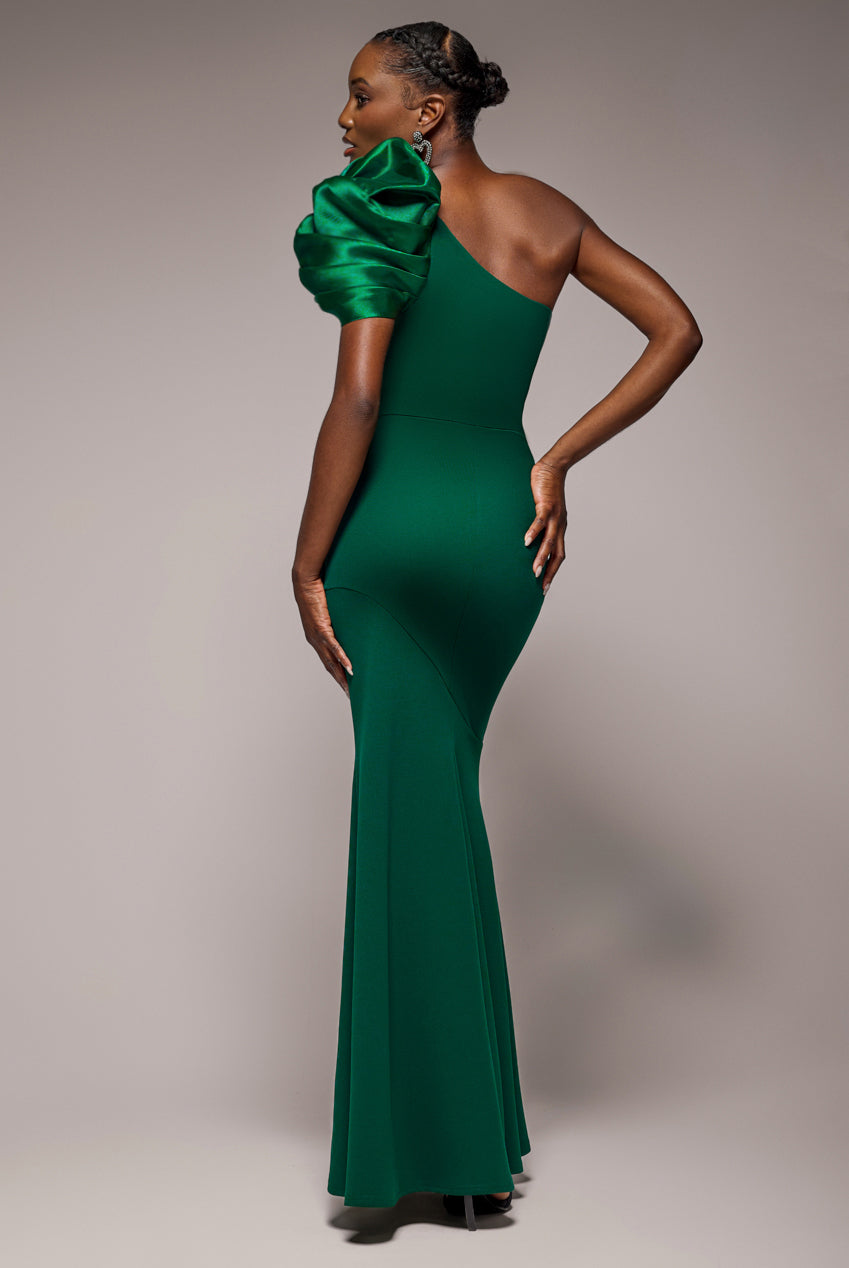 One Shoulder Puffed Satin Sleeve Evening Maxi Dress - Emerald Green DR4640