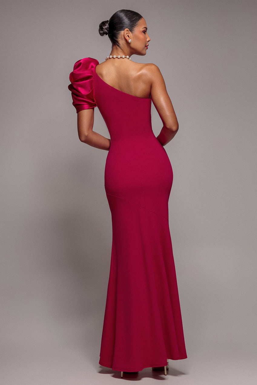 One Shoulder Puffed Satin Sleeve Evening Maxi Dress - Magenta DR4640