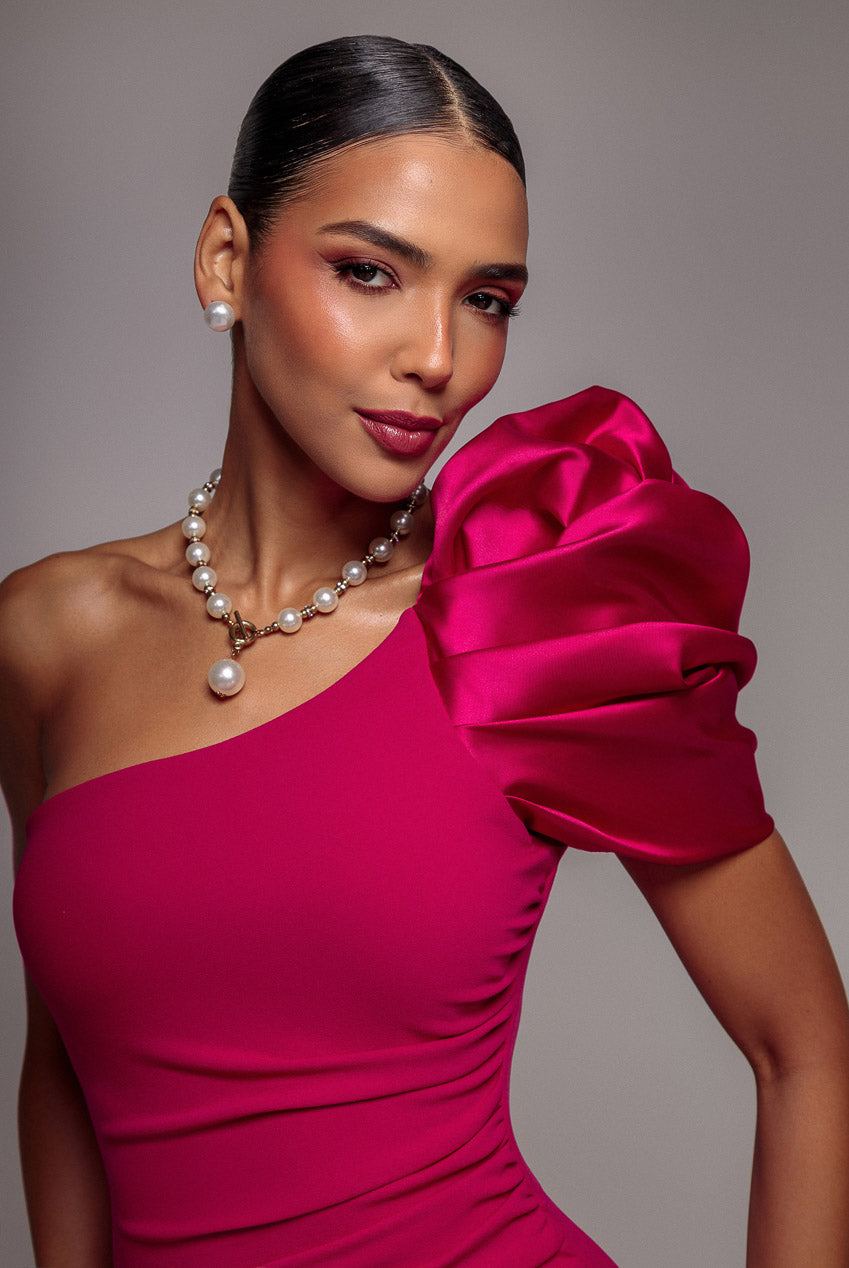 One Shoulder Puffed Satin Sleeve Evening Maxi Dress - Magenta DR4640