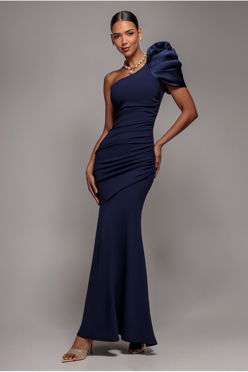 One Shoulder Puffed Satin Sleeve Evening Maxi Dress - Navy Blue DR4640