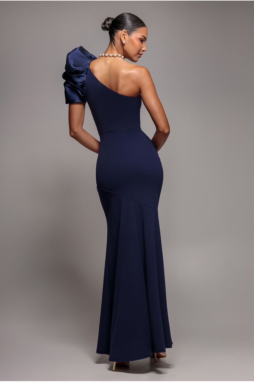 One Shoulder Puffed Satin Sleeve Evening Maxi Dress - Navy Blue DR4640