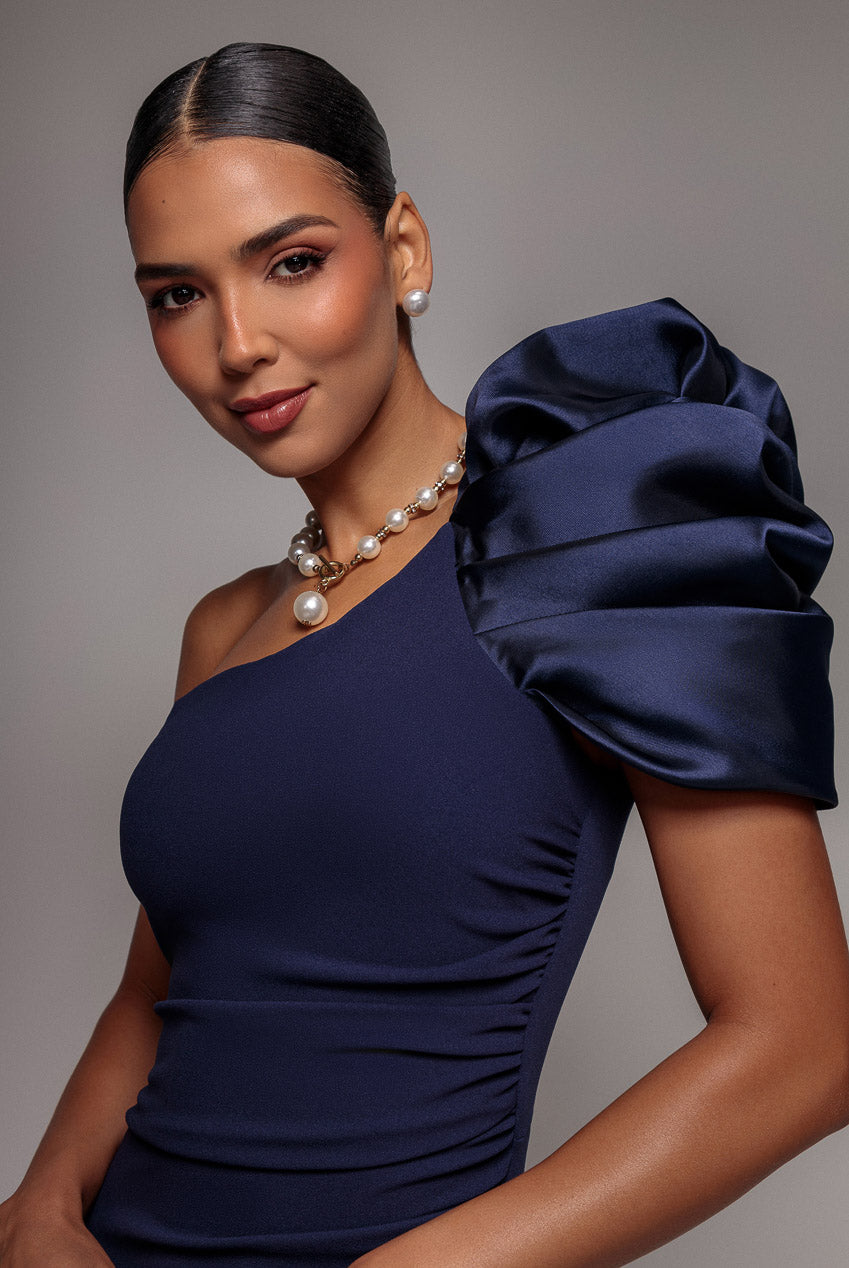 One Shoulder Puffed Satin Sleeve Evening Maxi Dress - Navy Blue DR4640