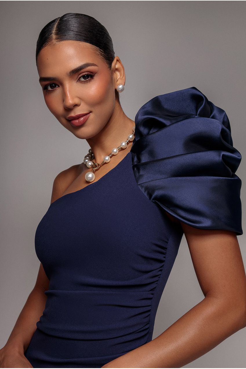 One Shoulder Puffed Satin Sleeve Evening Maxi Dress - Navy Blue DR4640