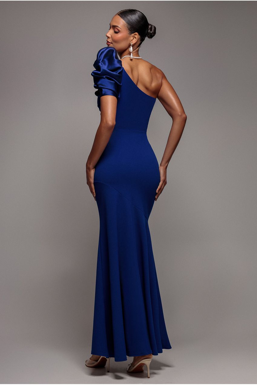 One Shoulder Puffed Satin Sleeve Evening Maxi Dress - Royal Blue DR4640