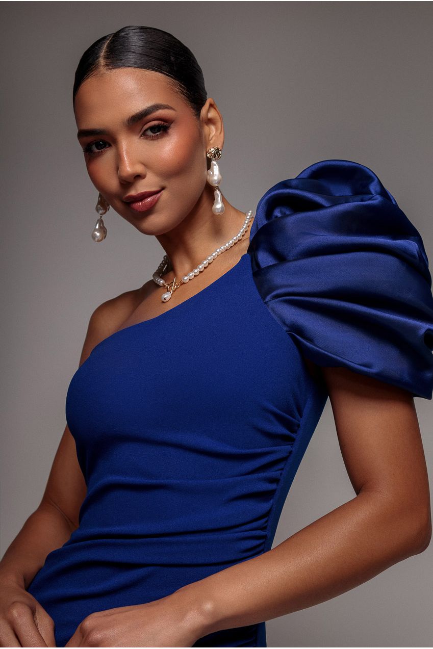 One Shoulder Puffed Satin Sleeve Evening Maxi Dress - Royal Blue DR4640