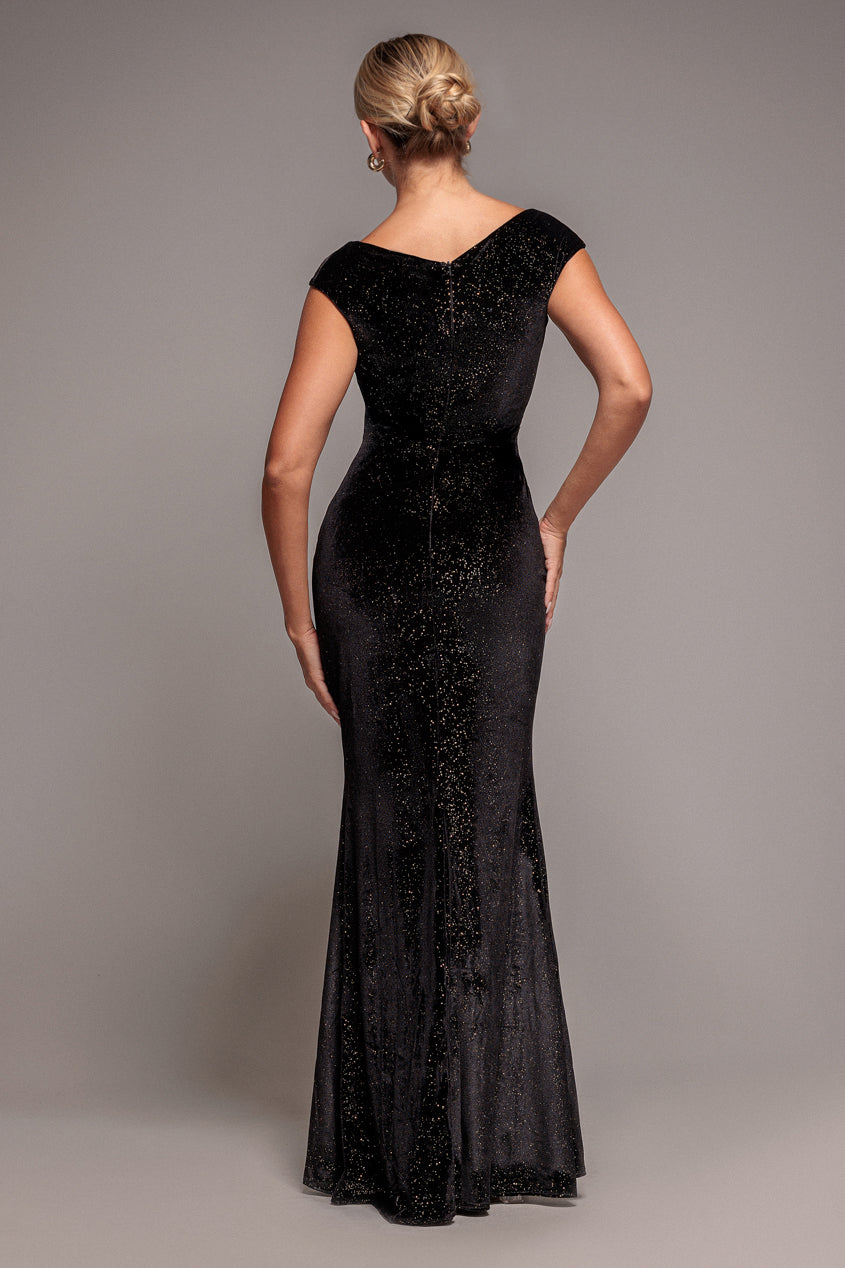 Shimmer Velvet Bardot Maxi Dress - Black Gold DR4643