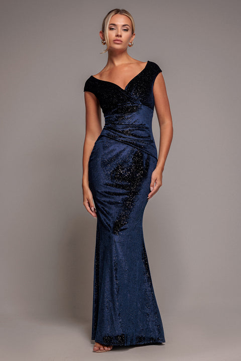 Shimmer Velvet Bardot Maxi Dress - Navy by Goddiva