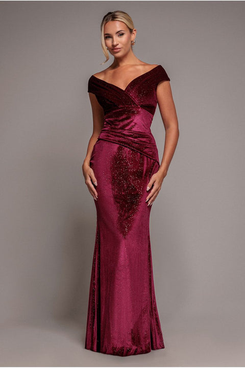 Shimmer Velvet Bardot Maxi Dress - Wine by Goddiva