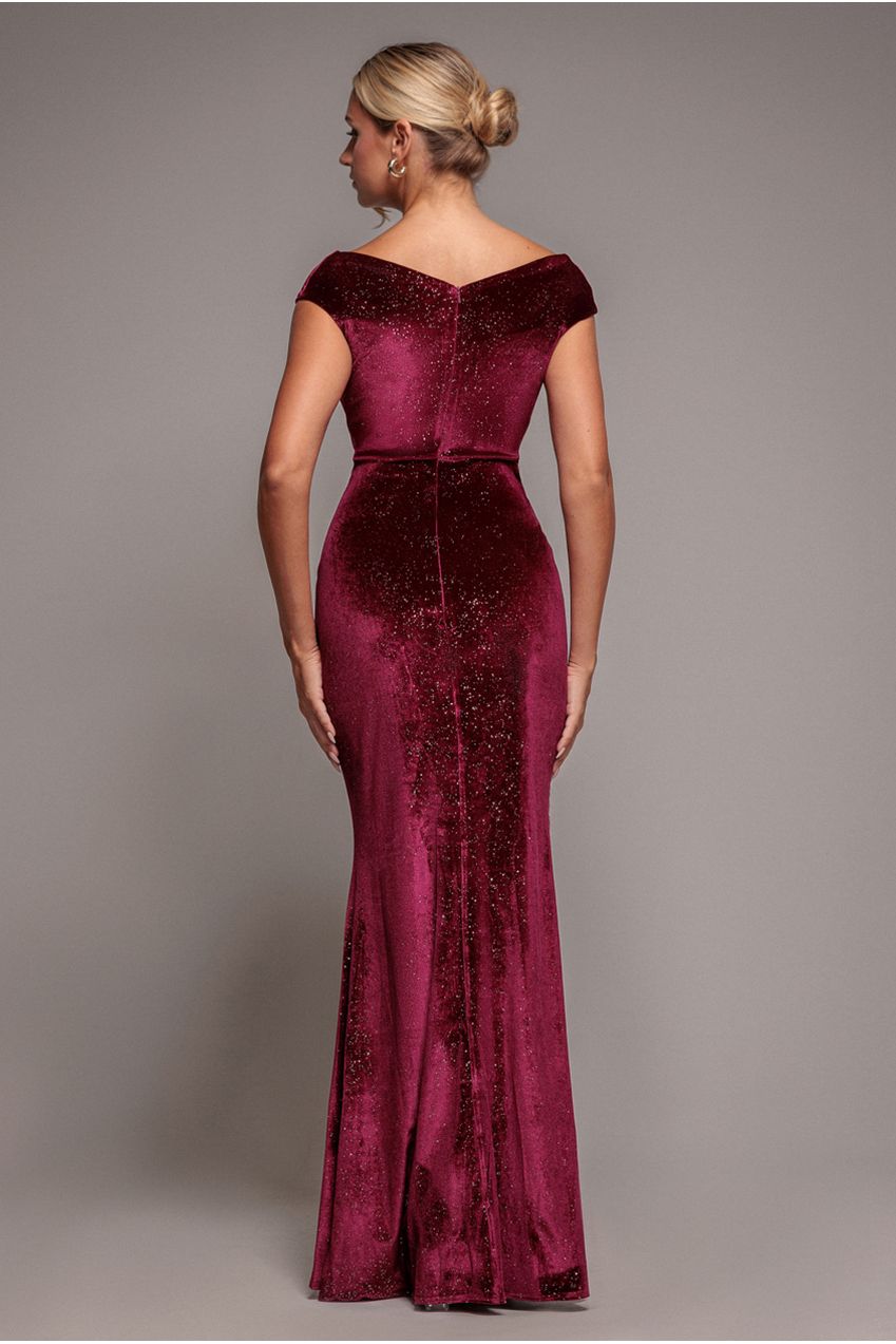 Shimmer Velvet Bardot Maxi Dress - Wine DR4643