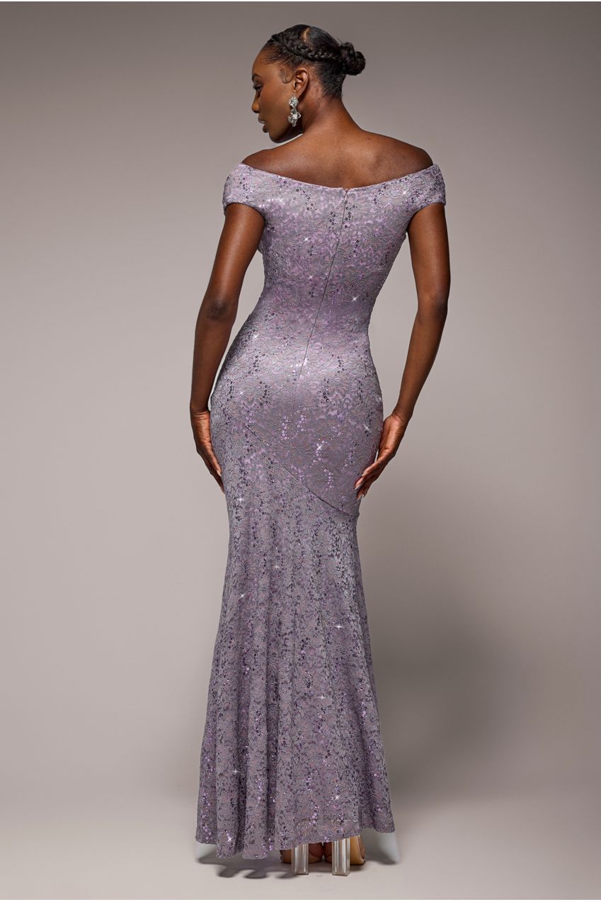 Cowl Neck Sequin Lace Maxi Dress - Dusky Purple DR4644