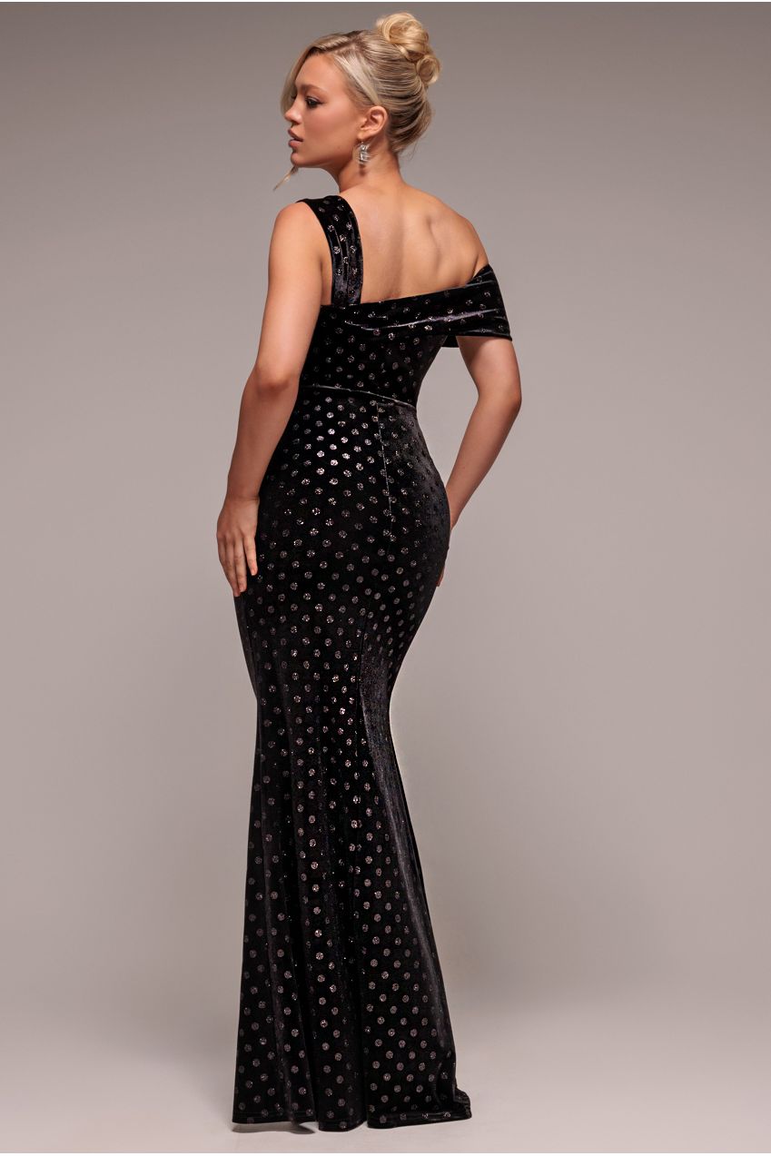 Glitter Polka Dot Velvet One Shoulder Maxi Dress - Black DR4646