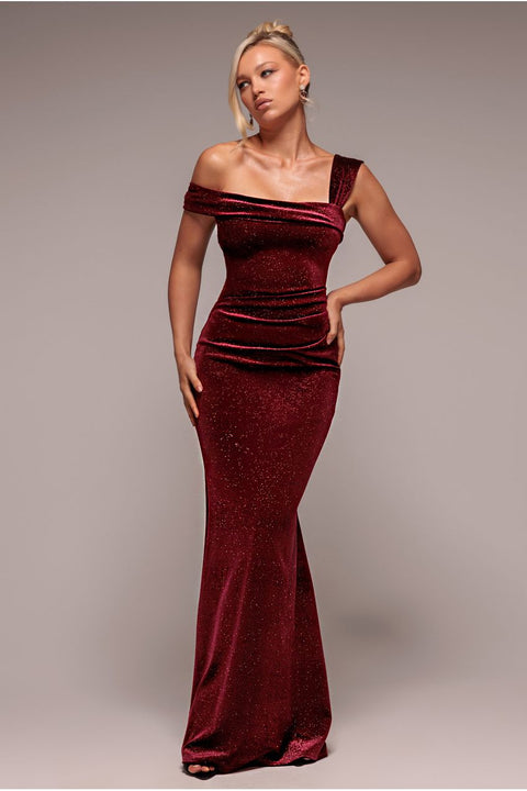 Glitter Polka Dot Velvet One Shoulder Maxi Dress - Wine by Goddiva