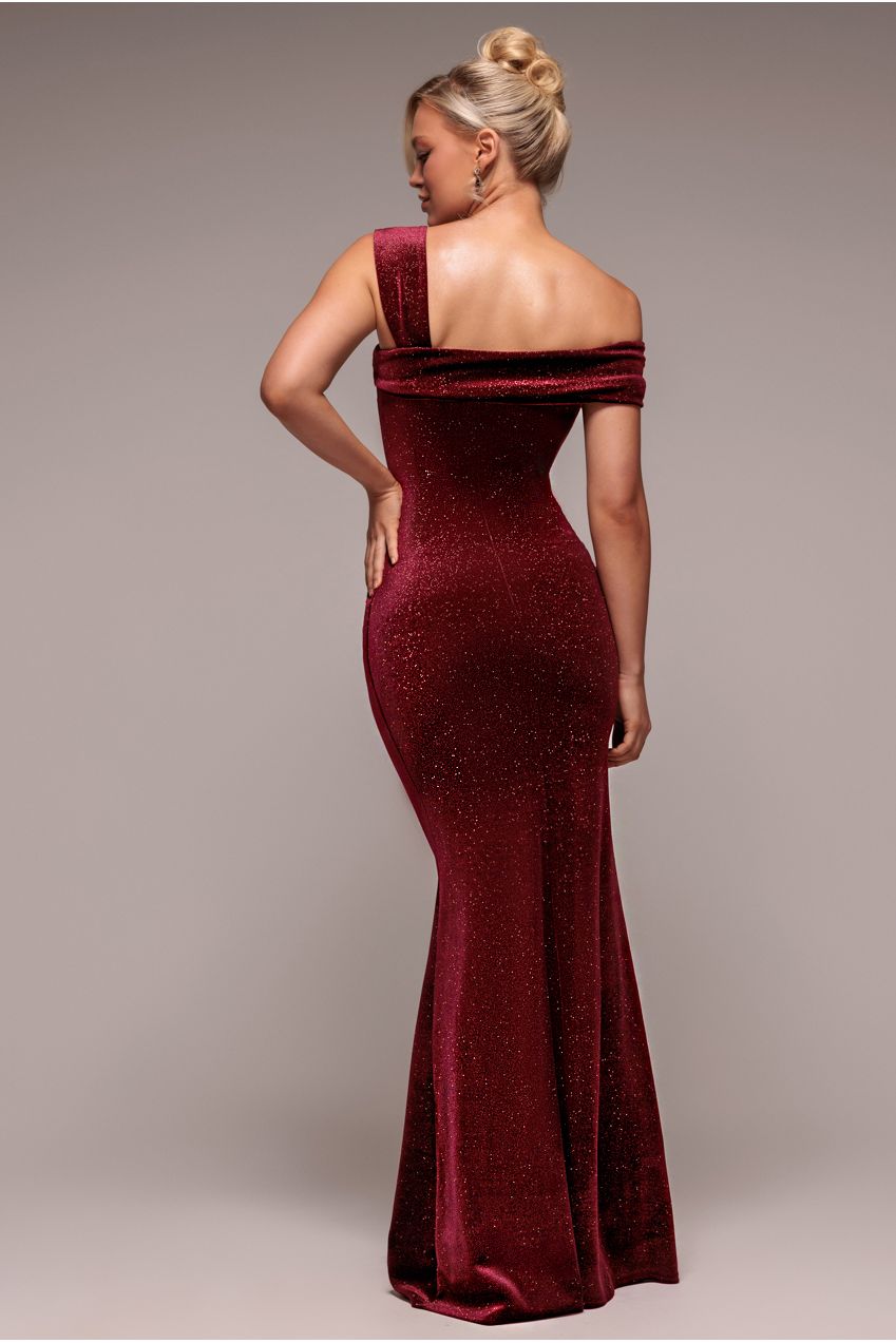 Glitter Polka Dot Velvet One Shoulder Maxi Dress - Wine DR4646