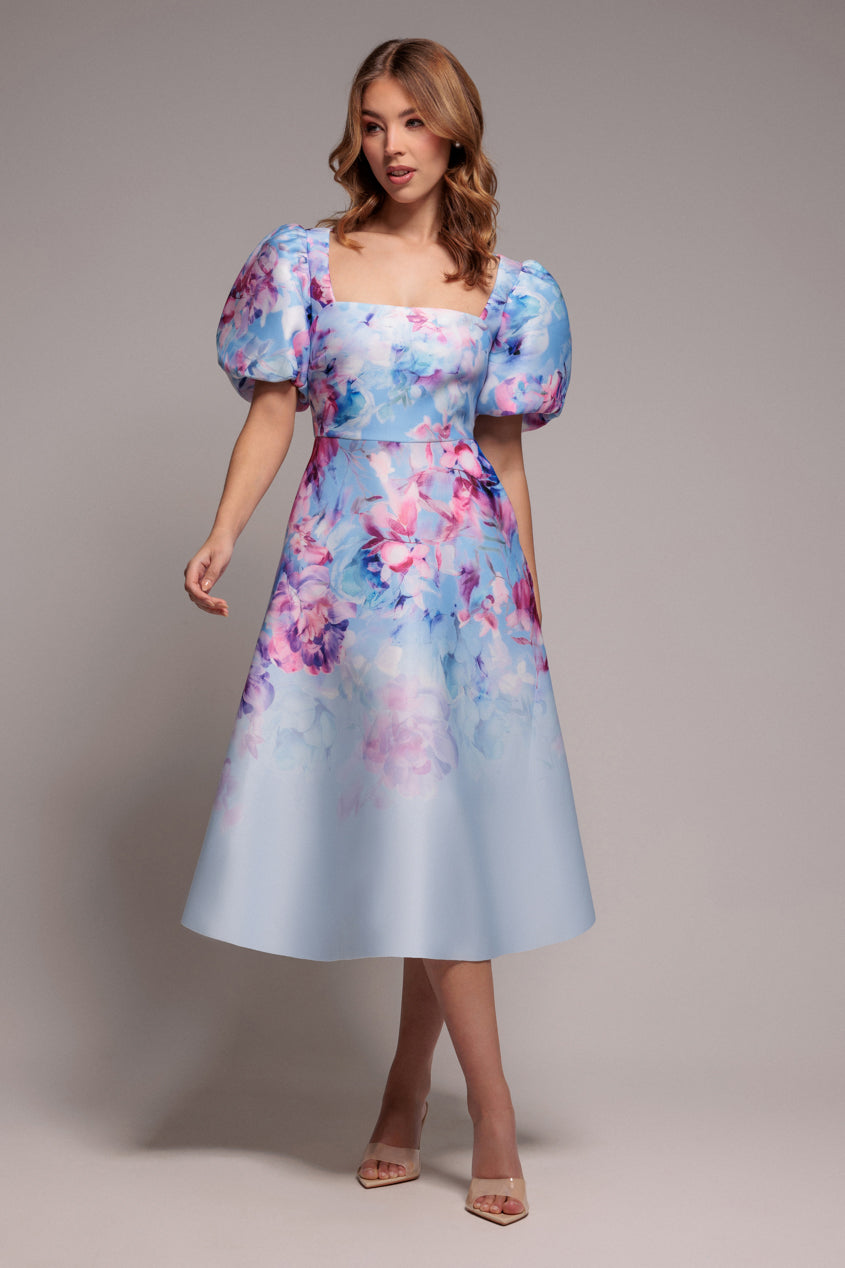 Printed Scuba Square Neck Puff Sleeve Midi Dress - Blue DR4650