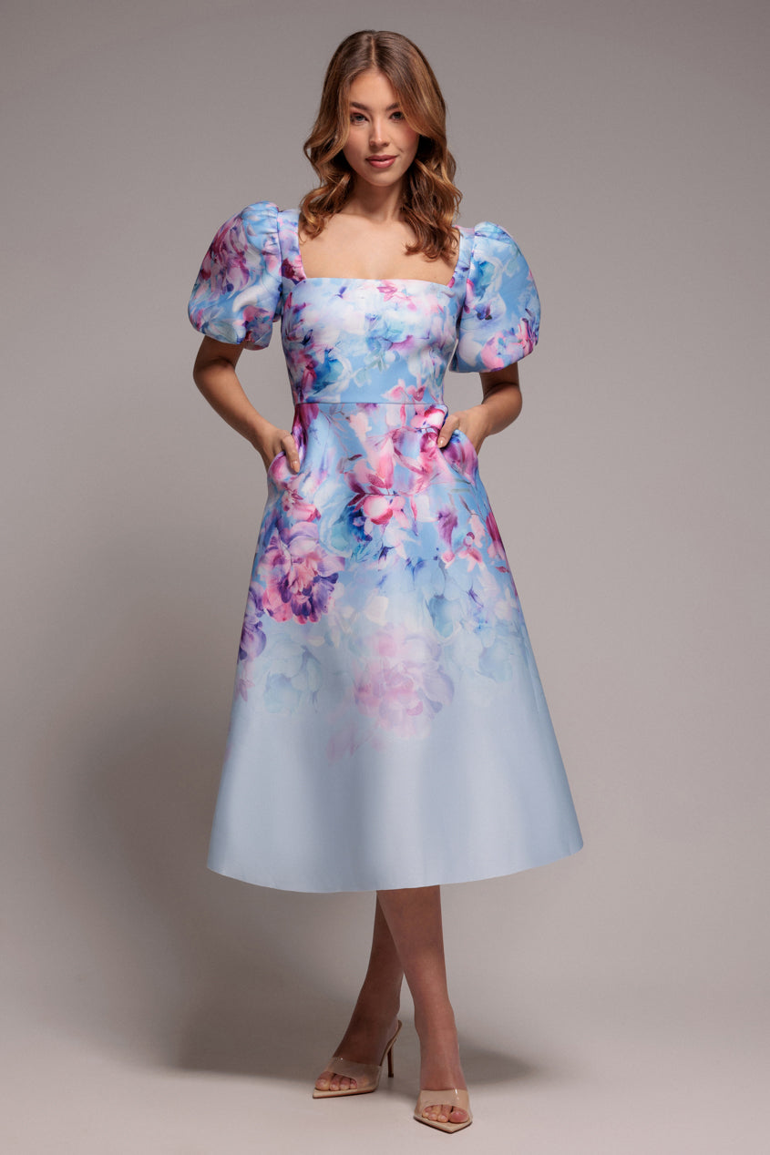 Printed Scuba Square Neck Puff Sleeve Midi Dress - Blue DR4650