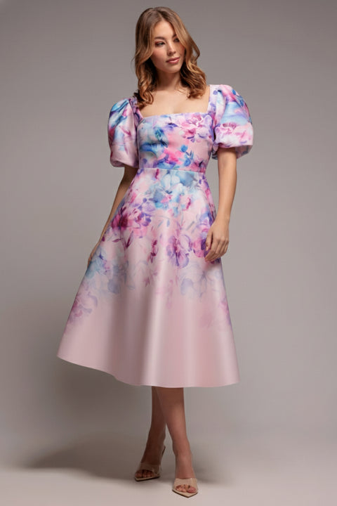 Printed Scuba Square Neck Puff Sleeve Midi Dress - Blush Pink by Goddiva