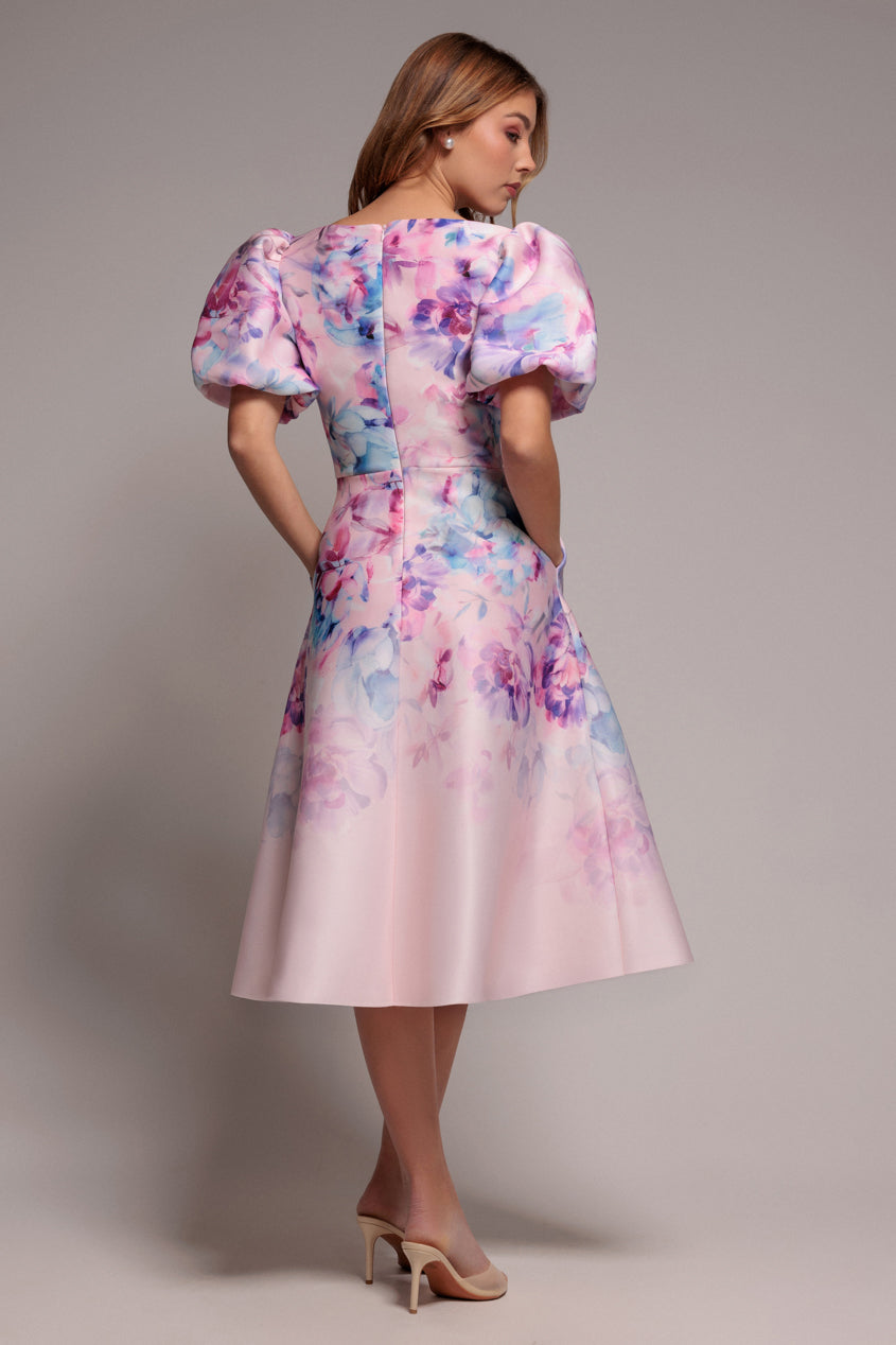 Printed Scuba Square Neck Puff Sleeve Midi Dress - Blush Pink DR4650